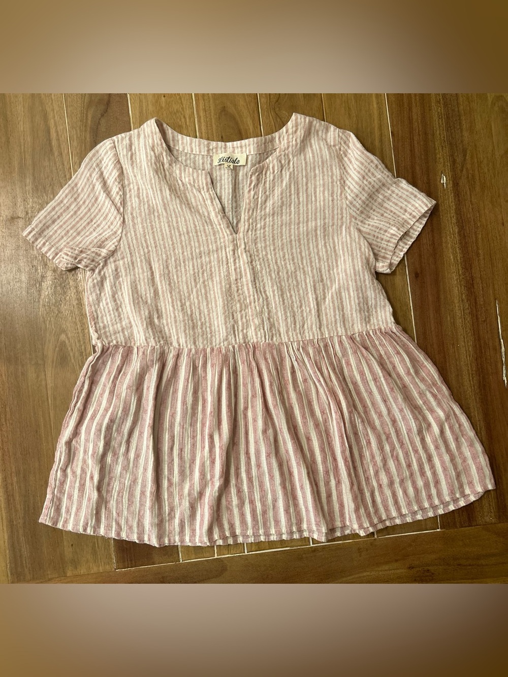 Listicle Pink and White Striped Peplum Top. Large.